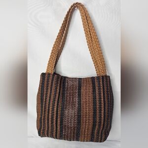 DESMO Italy Woven Leather Shoulder Bag Brown Black Striped Tote Handbag